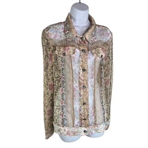Alain Weiz vtg y2k sheer floral silk beaded long sleeve button up blouse